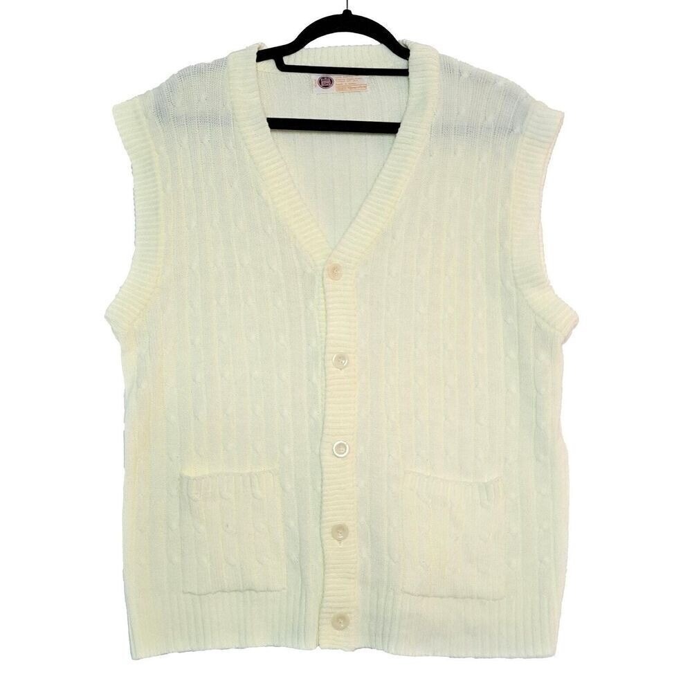 Sears Cardigan Sweater Mens XL Vest Hippy Knit‎ Ribbed Double Pocket 1970s VTG